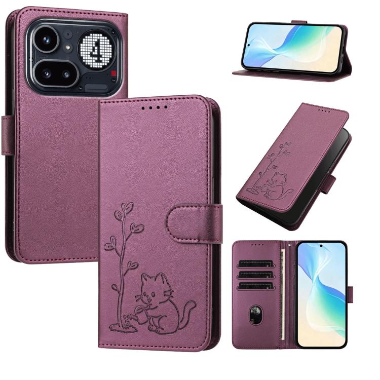 YX0014 Cat Watering Tree Buckle Vegan Leather Phone Case with Lanyard, For Nothing Phone 4a, For Nothing Phone 4a Pro, For Nothing CMF Phone 2 Pro, For Nothing Phone 3a, For Nothing Phone 3a Pro, For Nothing Phone 2a, For Nothing Phone 2
