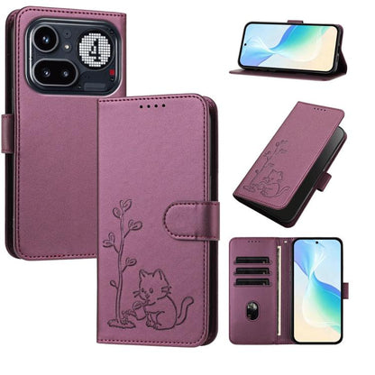 YX0014 Cat Watering Tree Buckle Vegan Leather Phone Case with Lanyard, For Nothing Phone 4a, For Nothing Phone 4a Pro, For Nothing CMF Phone 2 Pro, For Nothing Phone 3a, For Nothing Phone 3a Pro, For Nothing Phone 2a, For Nothing Phone 2