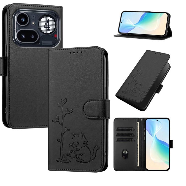 YX0014 Cat Watering Tree Buckle Vegan Leather Phone Case with Lanyard, For Nothing Phone 4a, For Nothing Phone 4a Pro, For Nothing CMF Phone 2 Pro, For Nothing Phone 3a, For Nothing Phone 3a Pro, For Nothing Phone 2a, For Nothing Phone 2