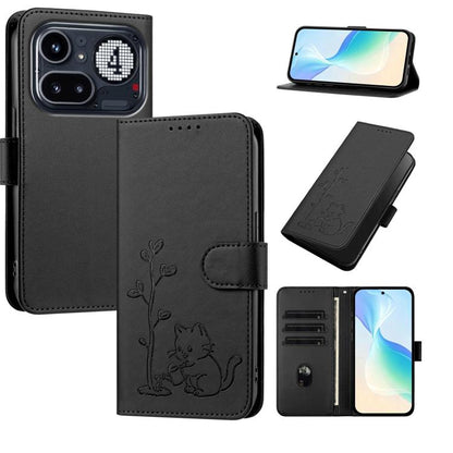 YX0014 Cat Watering Tree Buckle Vegan Leather Phone Case with Lanyard, For Nothing Phone 4a, For Nothing Phone 4a Pro, For Nothing CMF Phone 2 Pro, For Nothing Phone 3a, For Nothing Phone 3a Pro, For Nothing Phone 2a, For Nothing Phone 2