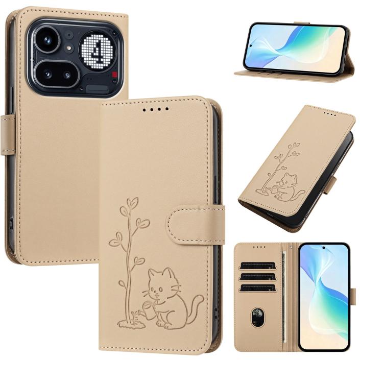 YX0014 Cat Watering Tree Buckle Vegan Leather Phone Case with Lanyard, For Nothing Phone 4a, For Nothing Phone 4a Pro, For Nothing CMF Phone 2 Pro, For Nothing Phone 3a, For Nothing Phone 3a Pro, For Nothing Phone 2a, For Nothing Phone 2