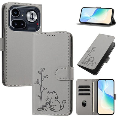 YX0014 Cat Watering Tree Buckle Vegan Leather Phone Case with Lanyard, For Nothing Phone 4a, For Nothing Phone 4a Pro, For Nothing CMF Phone 2 Pro, For Nothing Phone 3a, For Nothing Phone 3a Pro, For Nothing Phone 2a, For Nothing Phone 2