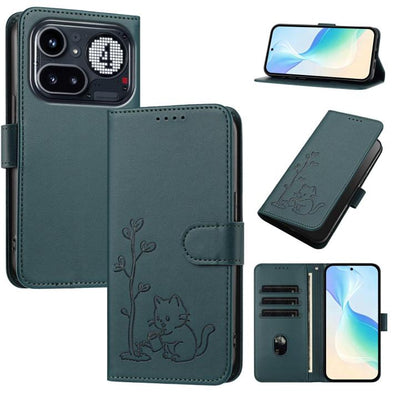 YX0014 Cat Watering Tree Buckle Vegan Leather Phone Case with Lanyard, For Nothing Phone 4a, For Nothing Phone 4a Pro, For Nothing CMF Phone 2 Pro, For Nothing Phone 3a, For Nothing Phone 3a Pro, For Nothing Phone 2a, For Nothing Phone 2