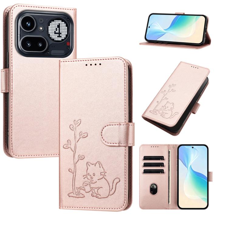 YX0014 Cat Watering Tree Buckle Vegan Leather Phone Case with Lanyard, For Nothing Phone 4a, For Nothing Phone 4a Pro, For Nothing CMF Phone 2 Pro, For Nothing Phone 3a, For Nothing Phone 3a Pro, For Nothing Phone 2a, For Nothing Phone 2
