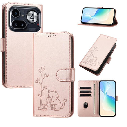 YX0014 Cat Watering Tree Buckle Vegan Leather Phone Case with Lanyard, For Nothing Phone 4a, For Nothing Phone 4a Pro, For Nothing CMF Phone 2 Pro, For Nothing Phone 3a, For Nothing Phone 3a Pro, For Nothing Phone 2a, For Nothing Phone 2
