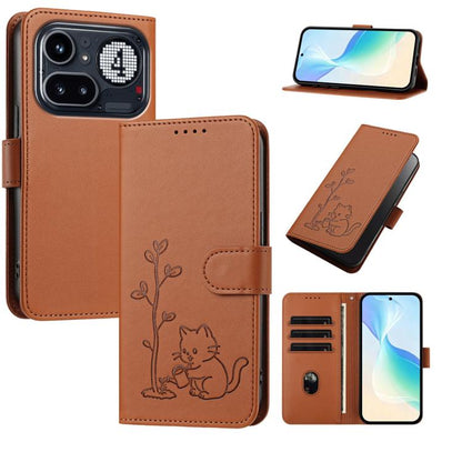 YX0014 Cat Watering Tree Buckle Vegan Leather Phone Case with Lanyard, For Nothing Phone 4a, For Nothing Phone 4a Pro, For Nothing CMF Phone 2 Pro, For Nothing Phone 3a, For Nothing Phone 3a Pro, For Nothing Phone 2a, For Nothing Phone 2