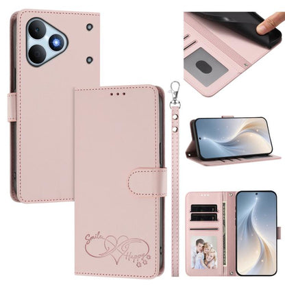 Happy Heart Pattern Magnetic Closure Vegan Leather Phone Case with Wrist Strap, For Realme 16T 5G Global, For Realme C85 5G Global / 15x 5G, For Realme P4 Power 5G, For Realme Note 80 4G Global, For Realme C83 5G India / C85 / 15x, For Realme 16 5G Glo...