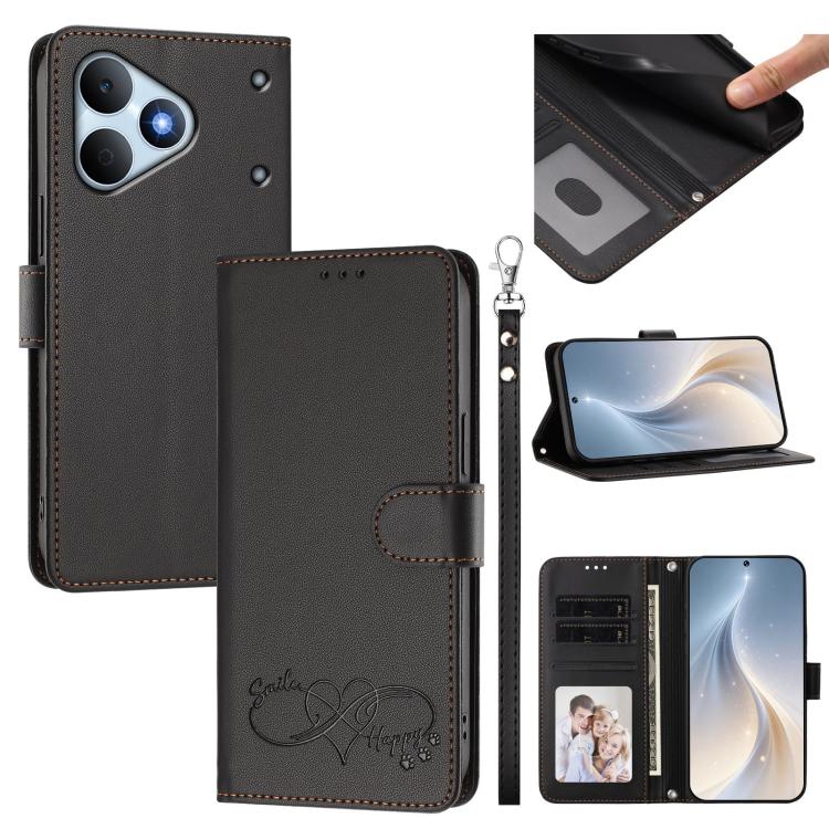 Happy Heart Pattern Magnetic Closure Vegan Leather Phone Case with Wrist Strap, For Realme 16T 5G Global, For Realme C85 5G Global / 15x 5G, For Realme P4 Power 5G, For Realme Note 80 4G Global, For Realme C83 5G India / C85 / 15x, For Realme 16 5G Glo...