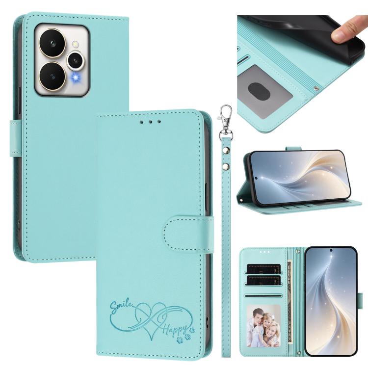 Happy Heart Pattern Magnetic Closure Vegan Leather Phone Case with Wrist Strap, For Realme P4x 5G, For Realme C71 4G India / Note 70 4G, For Realme C85 Pro 4G, For Realme P4 Pro 5G, For Realme P4 5G, For Realme 15T 5G Global                            ...