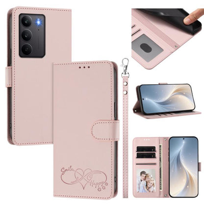 Happy Heart Pattern Magnetic Closure Vegan Leather Phone Case with Wrist Strap, For Realme GT 7 5G Global / 5G India, For Realme V70 5G / 14x Global, For Realme Narzo 80 Pro / 14 Pro 5G India, For Realme C75 4G Global / Narzo 80x 5G, For Realme Narzo 8...