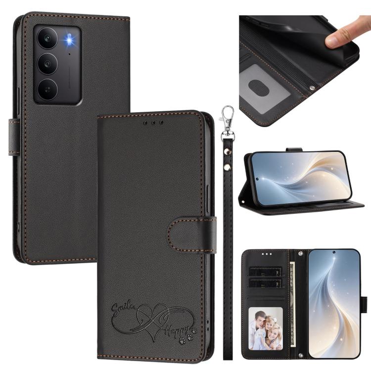 Happy Heart Pattern Magnetic Closure Vegan Leather Phone Case with Wrist Strap, For Realme GT 7 5G Global / 5G India, For Realme V70 5G / 14x Global, For Realme Narzo 80 Pro / 14 Pro 5G India, For Realme C75 4G Global / Narzo 80x 5G, For Realme Narzo 8...