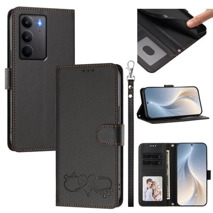 Happy Heart Pattern Magnetic Closure Vegan Leather Phone Case with Wrist Strap, For Realme GT 7 5G Global / 5G India, For Realme V70 5G / 14x Global, For Realme Narzo 80 Pro / 14 Pro 5G India, For Realme C75 4G Global / Narzo 80x 5G, For Realme Narzo 8...