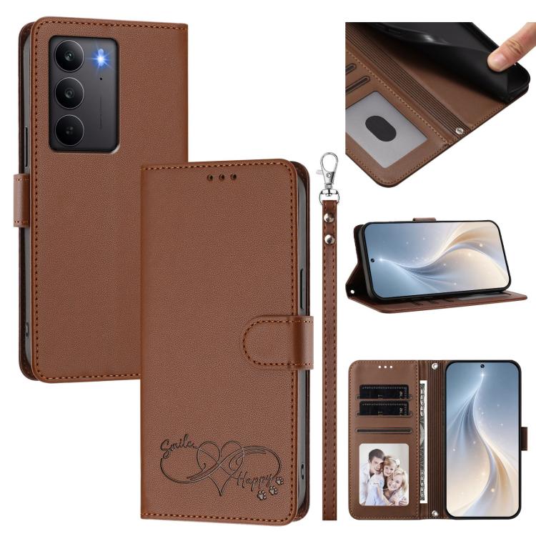 Happy Heart Pattern Magnetic Closure Vegan Leather Phone Case with Wrist Strap, For Realme GT 7 5G Global / 5G India, For Realme V70 5G / 14x Global, For Realme Narzo 80 Pro / 14 Pro 5G India, For Realme C75 4G Global / Narzo 80x 5G, For Realme Narzo 8...