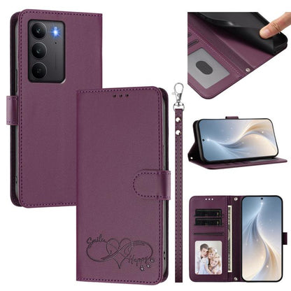 Happy Heart Pattern Magnetic Closure Vegan Leather Phone Case with Wrist Strap, For Realme GT 7 5G Global / 5G India, For Realme V70 5G / 14x Global, For Realme Narzo 80 Pro / 14 Pro 5G India, For Realme C75 4G Global / Narzo 80x 5G, For Realme Narzo 8...