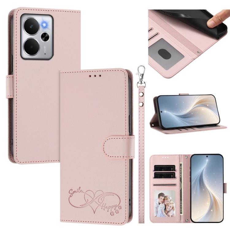 Happy Heart Pattern Magnetic Closure Vegan Leather Phone Case with Wrist Strap, For Realme GT 7 5G Global / 5G India, For Realme V70 5G / 14x Global, For Realme Narzo 80 Pro / 14 Pro 5G India, For Realme C75 4G Global / Narzo 80x 5G, For Realme Narzo 8...