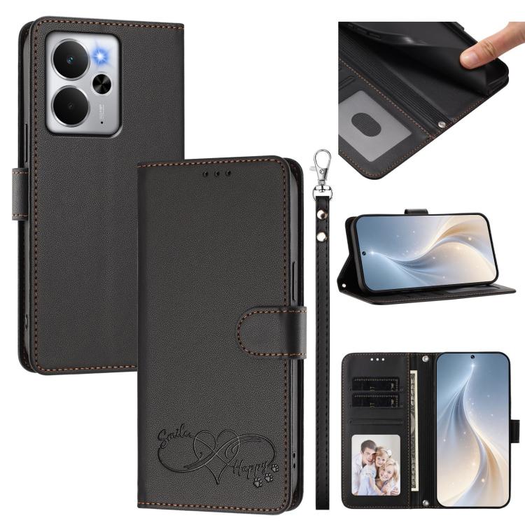 Happy Heart Pattern Magnetic Closure Vegan Leather Phone Case with Wrist Strap, For Realme GT 7 5G Global / 5G India, For Realme V70 5G / 14x Global, For Realme Narzo 80 Pro / 14 Pro 5G India, For Realme C75 4G Global / Narzo 80x 5G, For Realme Narzo 8...