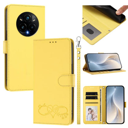 Happy Heart Pattern Magnetic Closure Vegan Leather Phone Case with Wrist Strap, For Realme 14 Pro+ 5G, For Realme 14 Pro+ 5G Global, For Realme 14 Pro 5G India, For Realme GT 7 Pro 5G / GT7 Pro Racing 5G, For Realme C63 5G Global                       ...