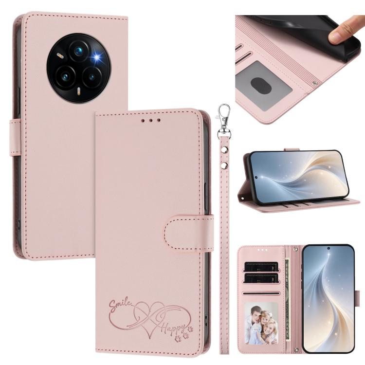 Happy Heart Pattern Magnetic Closure Vegan Leather Phone Case with Wrist Strap, For Realme 14 Pro+ 5G, For Realme 14 Pro+ 5G Global, For Realme 14 Pro 5G India, For Realme GT 7 Pro 5G / GT7 Pro Racing 5G, For Realme C63 5G Global                       ...
