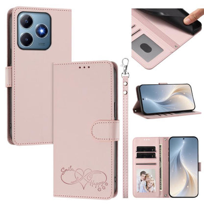 Happy Heart Pattern Magnetic Closure Vegan Leather Phone Case with Wrist Strap, For Realme 14 Pro+ 5G, For Realme 14 Pro+ 5G Global, For Realme 14 Pro 5G India, For Realme GT 7 Pro 5G / GT7 Pro Racing 5G, For Realme C63 5G Global                       ...