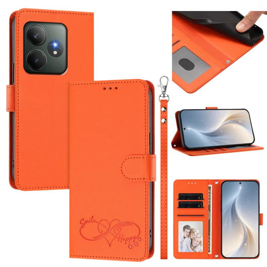 Happy Heart Pattern Magnetic Closure Vegan Leather Phone Case with Wrist Strap, For Realme GT 6 5G / GT 6T 5G Global, For Realme C67 4G / 12 Lite 4G Global, For Realme 12 Pro 5G / 12 Pro+ 5G Global, For Realme C53 4G Global / C51 4G