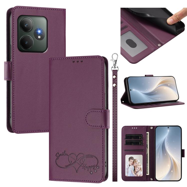 Happy Heart Pattern Magnetic Closure Vegan Leather Phone Case with Wrist Strap, For Realme GT 6 5G / GT 6T 5G Global, For Realme C67 4G / 12 Lite 4G Global, For Realme 12 Pro 5G / 12 Pro+ 5G Global, For Realme C53 4G Global / C51 4G                    ...