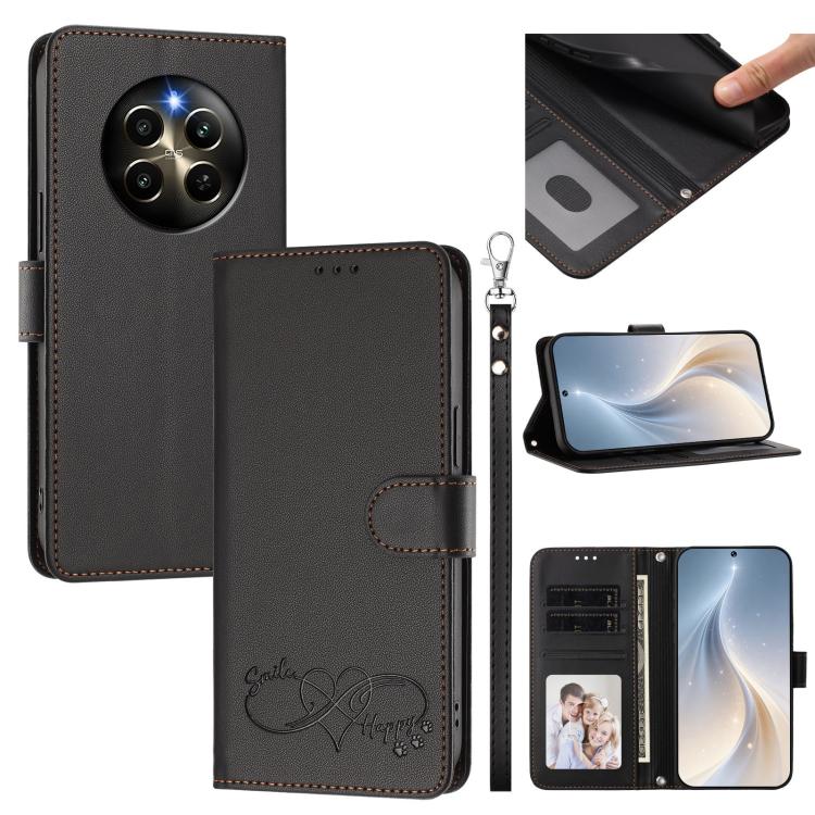 Happy Heart Pattern Magnetic Closure Vegan Leather Phone Case with Wrist Strap, For Realme GT 6 5G / GT 6T 5G Global, For Realme C67 4G / 12 Lite 4G Global, For Realme 12 Pro 5G / 12 Pro+ 5G Global, For Realme C53 4G Global / C51 4G                    ...