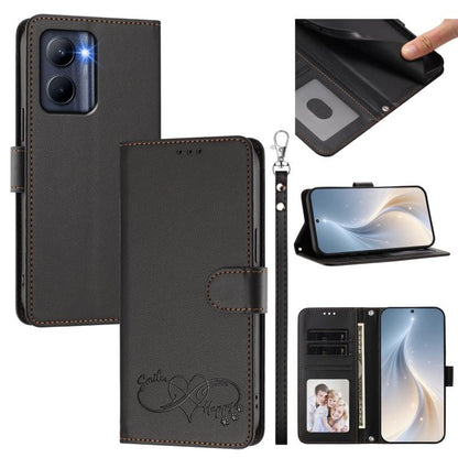 Happy Heart Pattern Magnetic Closure Vegan Leather Phone Case with Wrist Strap, For Realme C55 4G Global / Narzo N55, For Realme C33 2023 / 2022 Global, For Realme 10T 5G / 10s 5G / 9i 5G India, For Realme GT3 5G / GT Neo 5 240W, For Realme 10 Pro 5G  ...