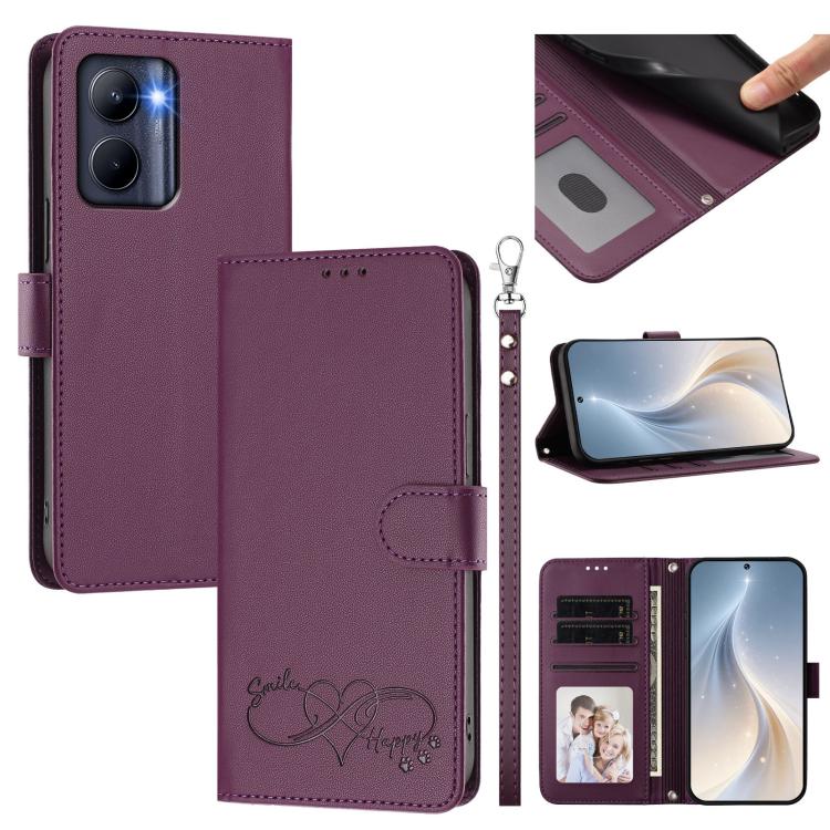 Happy Heart Pattern Magnetic Closure Vegan Leather Phone Case with Wrist Strap, For Realme C55 4G Global / Narzo N55, For Realme C33 2023 / 2022 Global, For Realme 10T 5G / 10s 5G / 9i 5G India, For Realme GT3 5G / GT Neo 5 240W, For Realme 10 Pro 5G  ...