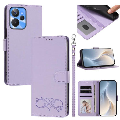 Happy Heart Pattern Magnetic Closure Vegan Leather Phone Case with Wrist Strap, For Realme C55 4G Global / Narzo N55, For Realme C33 2023 / 2022 Global, For Realme 10T 5G / 10s 5G / 9i 5G India, For Realme GT3 5G / GT Neo 5 240W, For Realme 10 Pro 5G  ...