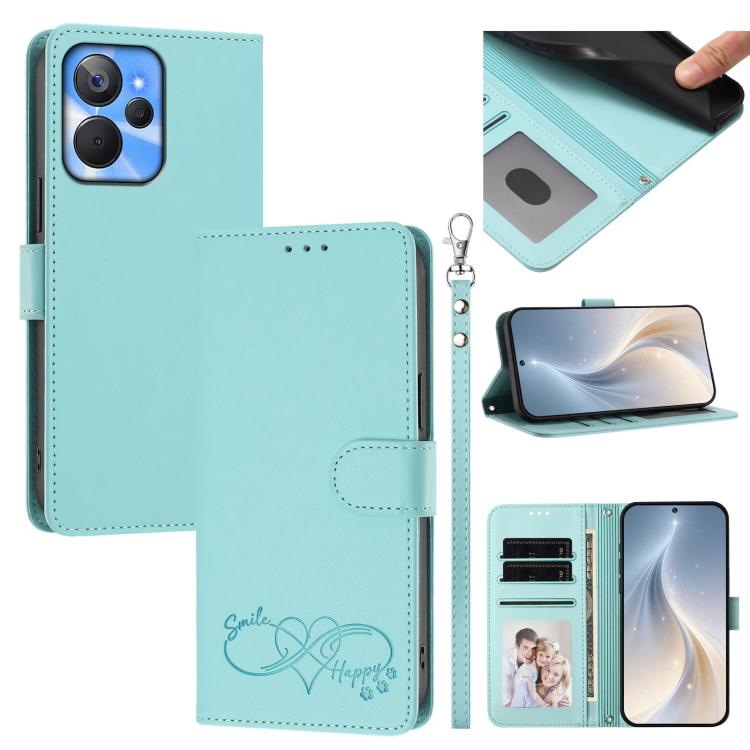 Happy Heart Pattern Magnetic Closure Vegan Leather Phone Case with Wrist Strap, For Realme C55 4G Global / Narzo N55, For Realme C33 2023 / 2022 Global, For Realme 10T 5G / 10s 5G / 9i 5G India, For Realme GT3 5G / GT Neo 5 240W, For Realme 10 Pro 5G  ...