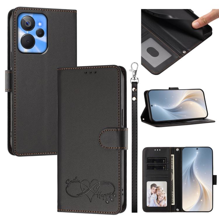 Happy Heart Pattern Magnetic Closure Vegan Leather Phone Case with Wrist Strap, For Realme C55 4G Global / Narzo N55, For Realme C33 2023 / 2022 Global, For Realme 10T 5G / 10s 5G / 9i 5G India, For Realme GT3 5G / GT Neo 5 240W, For Realme 10 Pro 5G  ...