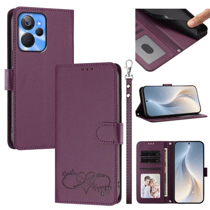Happy Heart Pattern Magnetic Closure Vegan Leather Phone Case with Wrist Strap, For Realme C55 4G Global / Narzo N55, For Realme C33 2023 / 2022 Global, For Realme 10T 5G / 10s 5G / 9i 5G India, For Realme GT3 5G / GT Neo 5 240W, For Realme 10 Pro 5G  ...