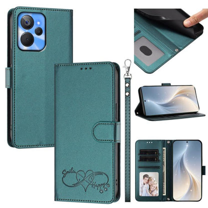 Happy Heart Pattern Magnetic Closure Vegan Leather Phone Case with Wrist Strap, For Realme C55 4G Global / Narzo N55, For Realme C33 2023 / 2022 Global, For Realme 10T 5G / 10s 5G / 9i 5G India, For Realme GT3 5G / GT Neo 5 240W, For Realme 10 Pro 5G  ...