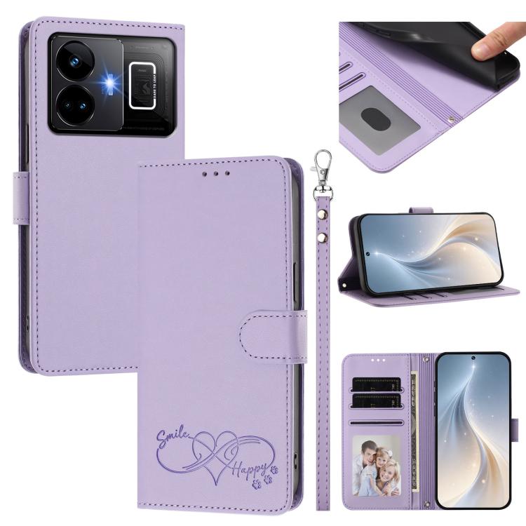 Happy Heart Pattern Magnetic Closure Vegan Leather Phone Case with Wrist Strap, For Realme C55 4G Global / Narzo N55, For Realme C33 2023 / 2022 Global, For Realme 10T 5G / 10s 5G / 9i 5G India, For Realme GT3 5G / GT Neo 5 240W, For Realme 10 Pro 5G  ...