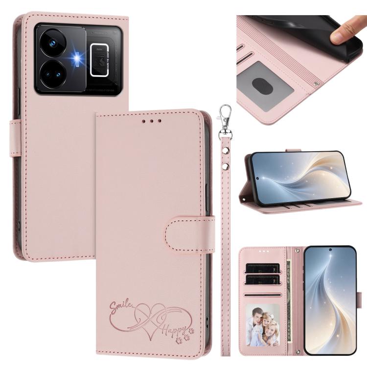 Happy Heart Pattern Magnetic Closure Vegan Leather Phone Case with Wrist Strap, For Realme C55 4G Global / Narzo N55, For Realme C33 2023 / 2022 Global, For Realme 10T 5G / 10s 5G / 9i 5G India, For Realme GT3 5G / GT Neo 5 240W, For Realme 10 Pro 5G  ...