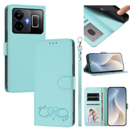 Happy Heart Pattern Magnetic Closure Vegan Leather Phone Case with Wrist Strap, For Realme C55 4G Global / Narzo N55, For Realme C33 2023 / 2022 Global, For Realme 10T 5G / 10s 5G / 9i 5G India, For Realme GT3 5G / GT Neo 5 240W, For Realme 10 Pro 5G  ...