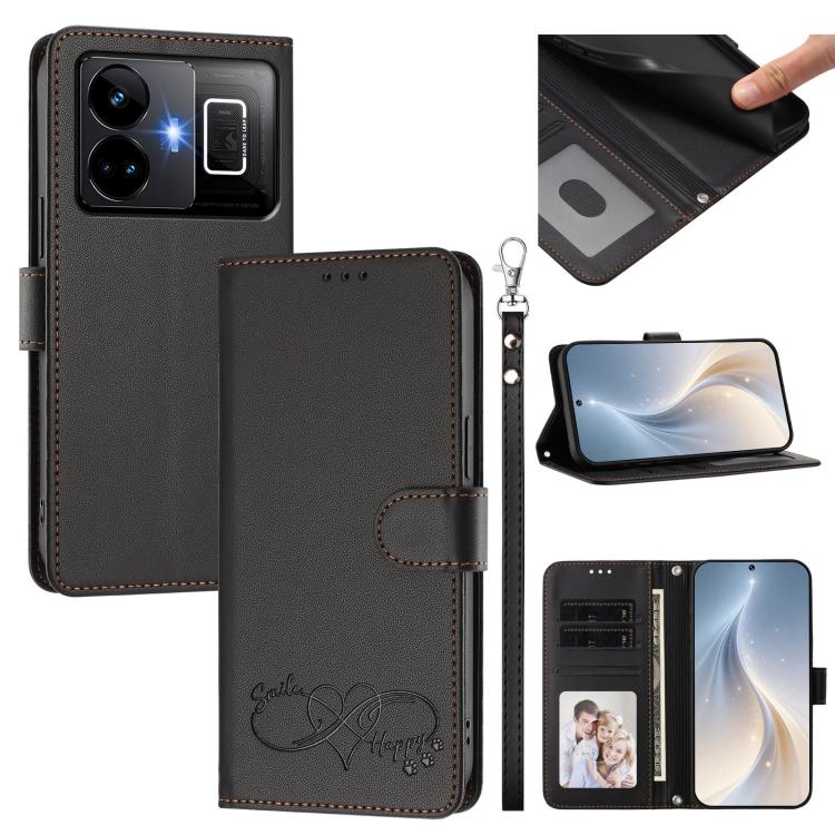 Happy Heart Pattern Magnetic Closure Vegan Leather Phone Case with Wrist Strap, For Realme C55 4G Global / Narzo N55, For Realme C33 2023 / 2022 Global, For Realme 10T 5G / 10s 5G / 9i 5G India, For Realme GT3 5G / GT Neo 5 240W, For Realme 10 Pro 5G  ...