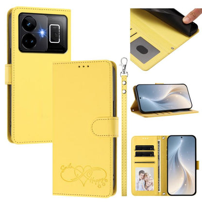 Happy Heart Pattern Magnetic Closure Vegan Leather Phone Case with Wrist Strap, For Realme C55 4G Global / Narzo N55, For Realme C33 2023 / 2022 Global, For Realme 10T 5G / 10s 5G / 9i 5G India, For Realme GT3 5G / GT Neo 5 240W, For Realme 10 Pro 5G  ...