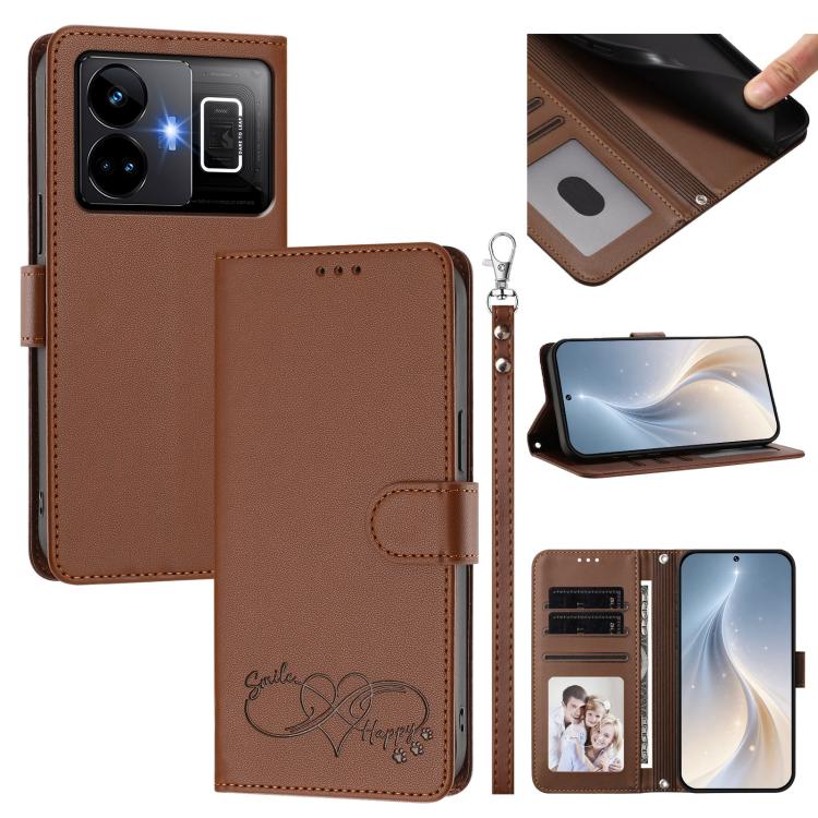 Happy Heart Pattern Magnetic Closure Vegan Leather Phone Case with Wrist Strap, For Realme C55 4G Global / Narzo N55, For Realme C33 2023 / 2022 Global, For Realme 10T 5G / 10s 5G / 9i 5G India, For Realme GT3 5G / GT Neo 5 240W, For Realme 10 Pro 5G  ...