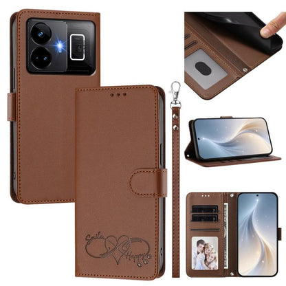 Happy Heart Pattern Magnetic Closure Vegan Leather Phone Case with Wrist Strap, For Realme C55 4G Global / Narzo N55, For Realme C33 2023 / 2022 Global, For Realme 10T 5G / 10s 5G / 9i 5G India, For Realme GT3 5G / GT Neo 5 240W, For Realme 10 Pro 5G  ...