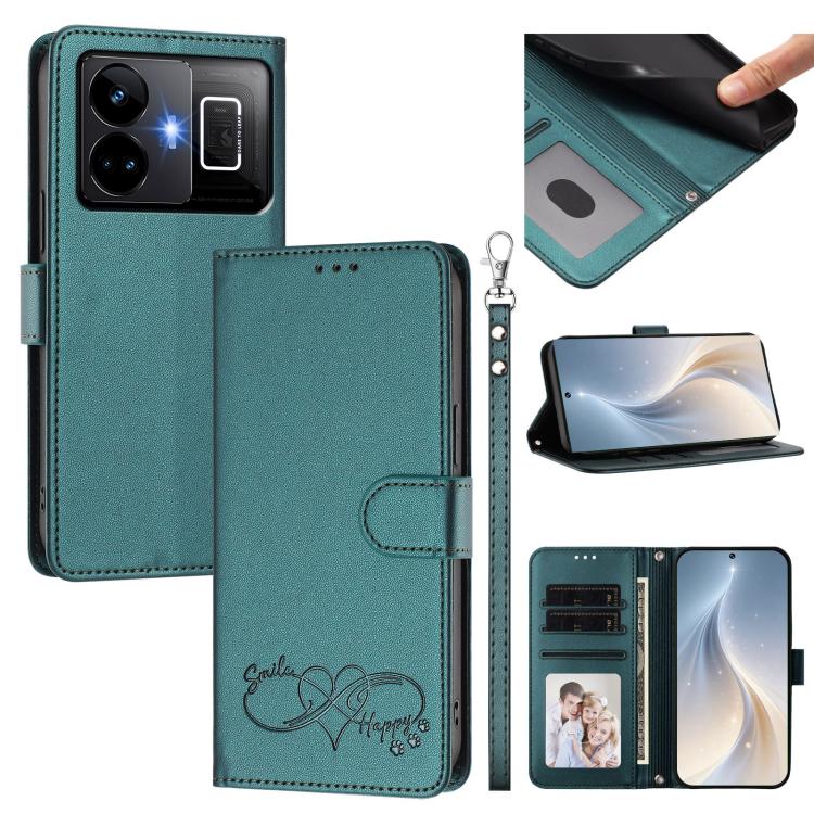 Happy Heart Pattern Magnetic Closure Vegan Leather Phone Case with Wrist Strap, For Realme C55 4G Global / Narzo N55, For Realme C33 2023 / 2022 Global, For Realme 10T 5G / 10s 5G / 9i 5G India, For Realme GT3 5G / GT Neo 5 240W, For Realme 10 Pro 5G  ...