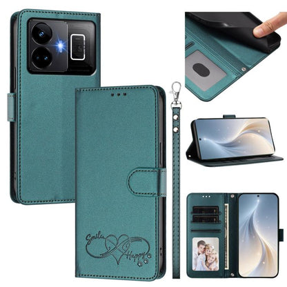 Happy Heart Pattern Magnetic Closure Vegan Leather Phone Case with Wrist Strap, For Realme C55 4G Global / Narzo N55, For Realme C33 2023 / 2022 Global, For Realme 10T 5G / 10s 5G / 9i 5G India, For Realme GT3 5G / GT Neo 5 240W, For Realme 10 Pro 5G  ...