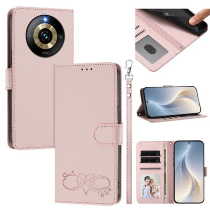 Happy Heart Pattern Magnetic Closure Vegan Leather Phone Case with Wrist Strap, For Realme GT 6 5G / GT 6T 5G Global, For Realme C67 4G / 12 Lite 4G Global, For Realme 12 Pro 5G / 12 Pro+ 5G Global, For Realme C53 4G Global / C51 4G                    ...