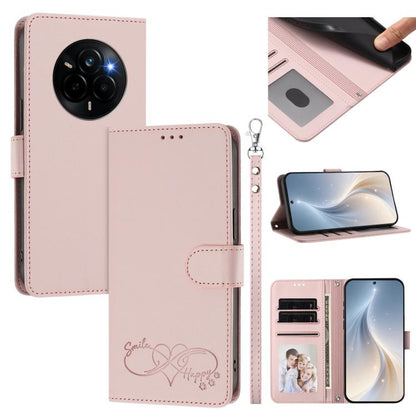 Happy Heart Pattern Magnetic Closure Vegan Leather Phone Case with Wrist Strap, For Realme GT 7 5G Global / 5G India, For Realme V70 5G / 14x Global, For Realme Narzo 80 Pro / 14 Pro 5G India, For Realme C75 4G Global / Narzo 80x 5G, For Realme Narzo 8...