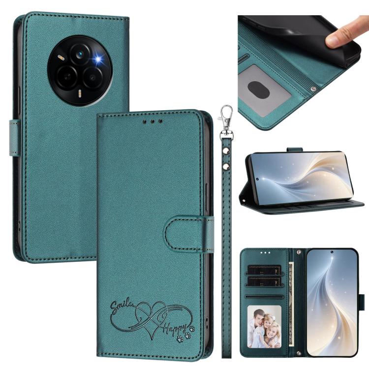 Happy Heart Pattern Magnetic Closure Vegan Leather Phone Case with Wrist Strap, For Realme GT 7 5G Global / 5G India, For Realme V70 5G / 14x Global, For Realme Narzo 80 Pro / 14 Pro 5G India, For Realme C75 4G Global / Narzo 80x 5G, For Realme Narzo 8...