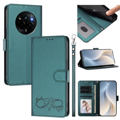 Happy Heart Pattern Magnetic Closure Vegan Leather Phone Case with Wrist Strap, For Realme GT 7 5G Global / 5G India, For Realme V70 5G / 14x Global, For Realme Narzo 80 Pro / 14 Pro 5G India, For Realme C75 4G Global / Narzo 80x 5G, For Realme Narzo 8...