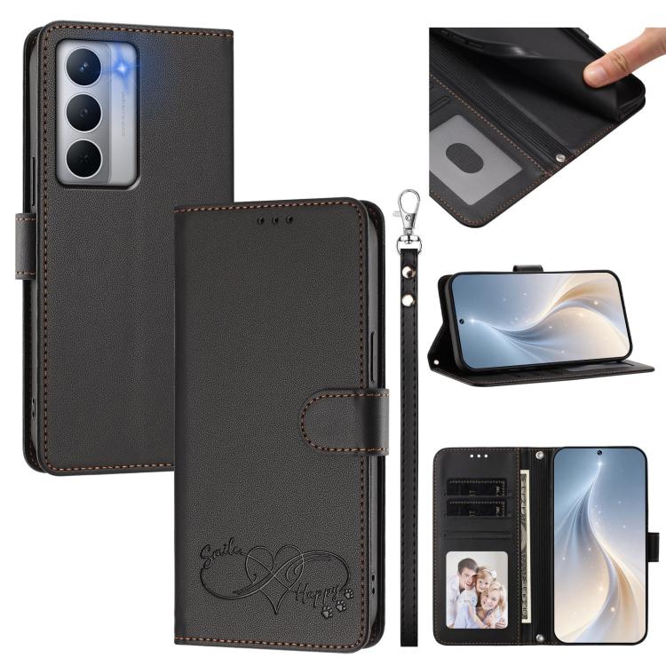 Happy Heart Pattern Magnetic Closure Vegan Leather Phone Case with Wrist Strap, For Realme GT 7 5G Global / 5G India, For Realme V70 5G / 14x Global, For Realme Narzo 80 Pro / 14 Pro 5G India, For Realme C75 4G Global / Narzo 80x 5G, For Realme Narzo 8...