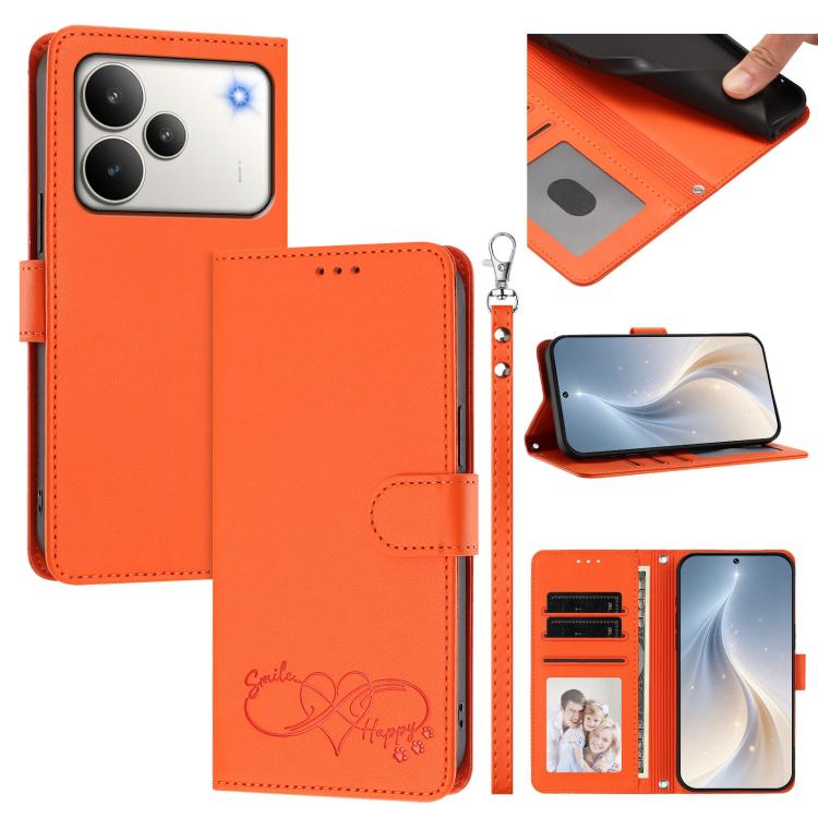 Happy Heart Pattern Magnetic Closure Vegan Leather Phone Case with Wrist Strap, For Realme P4x 5G, For Realme C71 4G India / Note 70 4G, For Realme C85 Pro 4G, For Realme P4 Pro 5G, For Realme P4 5G, For Realme 15T 5G Global                            ...