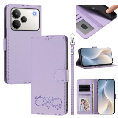 Happy Heart Pattern Magnetic Closure Vegan Leather Phone Case with Wrist Strap, For Realme P4x 5G, For Realme C71 4G India / Note 70 4G, For Realme C85 Pro 4G, For Realme P4 Pro 5G, For Realme P4 5G, For Realme 15T 5G Global                            ...