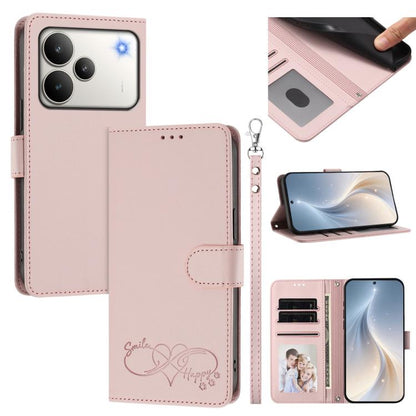 Happy Heart Pattern Magnetic Closure Vegan Leather Phone Case with Wrist Strap, For Realme P4x 5G, For Realme C71 4G India / Note 70 4G, For Realme C85 Pro 4G, For Realme P4 Pro 5G, For Realme P4 5G, For Realme 15T 5G Global                            ...